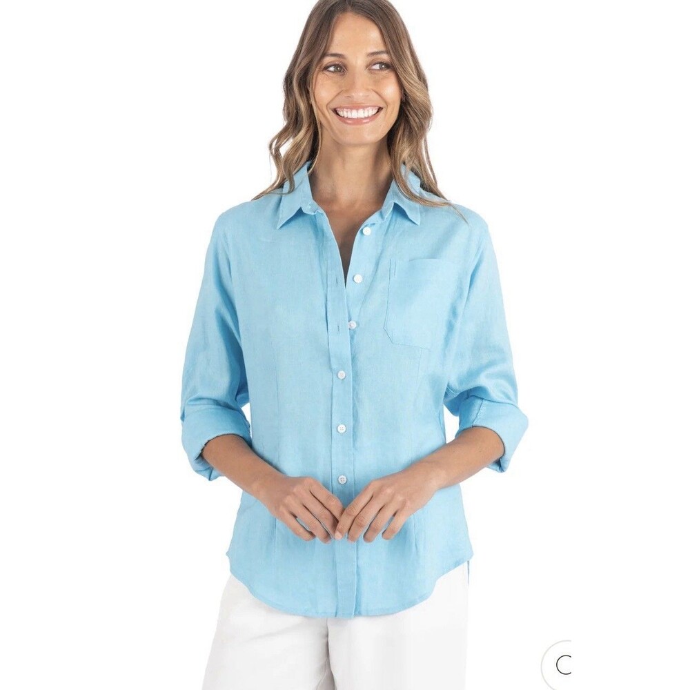 Camixa Linen Cotton Blue Button Shirt Womens 2X Long Roll Tab Sleeve Boxy